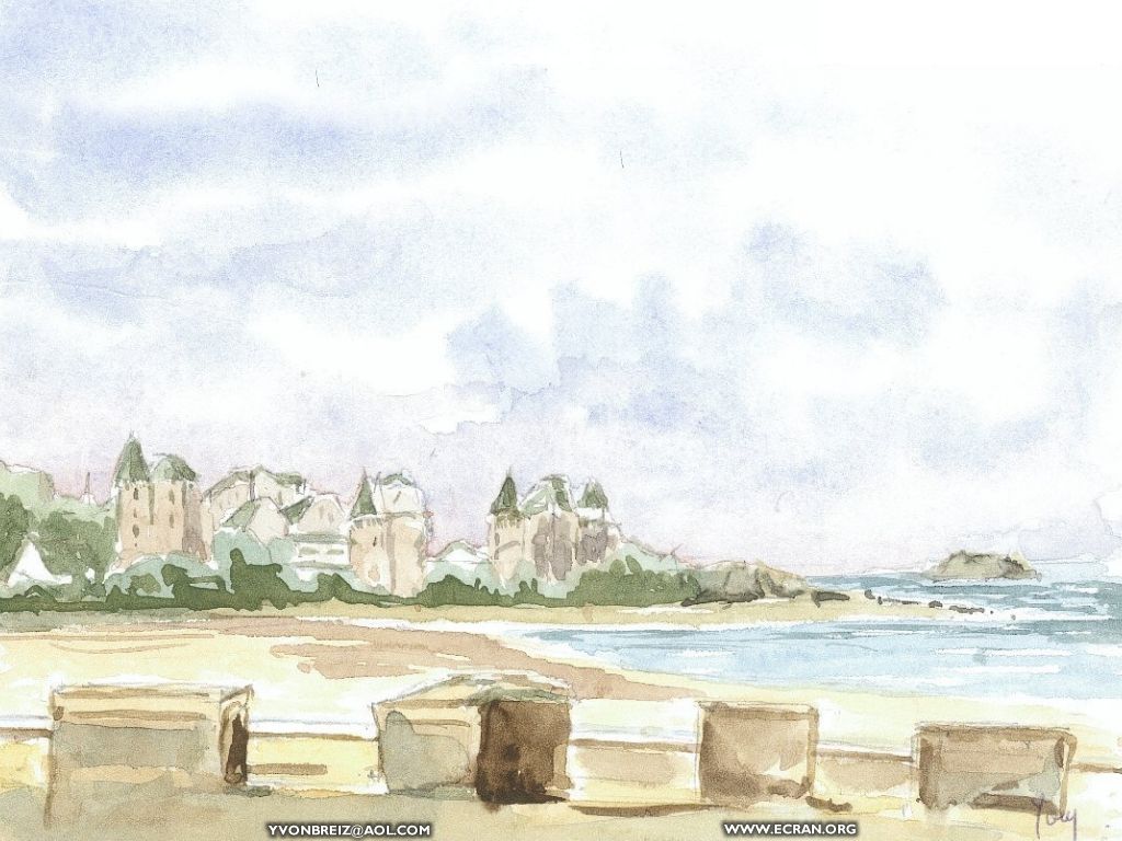 fonds d cran Aquarelle entre Dinard et St Malo, Cornouaille et pays bigouden. Fonds cran par Yvon peintre et sonneur de bombarde - Quimper Bretagne - de Yvon